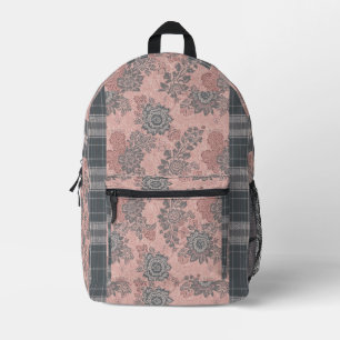 Shabby Chic Slate Grey Roses and Tartan Pink Printed Backpack