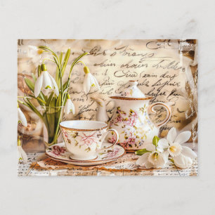 shabby chic Snowdrops and Teacups in Vintage Style Postcard