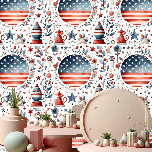 Shabby Chic Star Stripes Red Blue and White Pastel Wallpaper (Shabby Chic Star Stripes Red Blue and White Pastel Wallpaper)