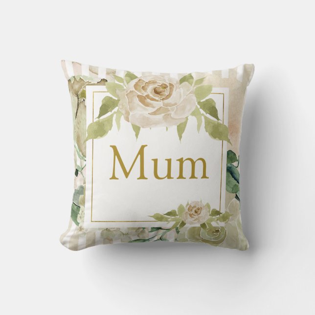 Shabby chic striped rose Mum personalised Cushion (Front)