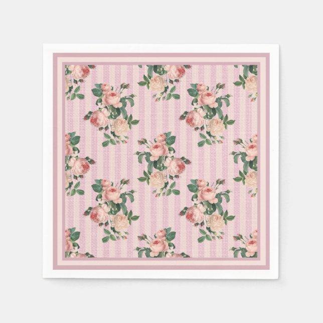 Shabby Chic Stripes and Blush Pink Roses   Napkin (Front)