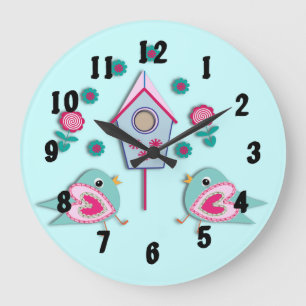 Shabby Chic Style Birds Flowers Picture Pink Teal Large Clock