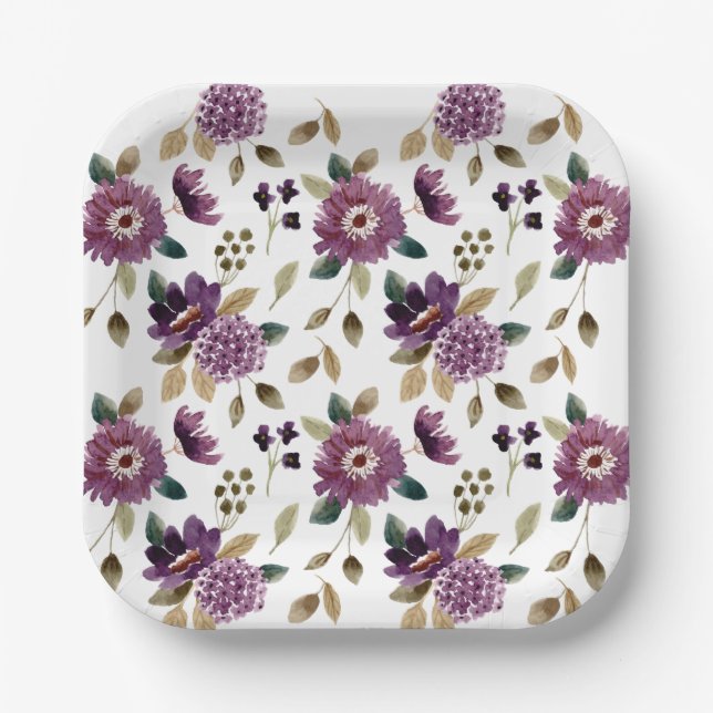 Shabby Chic Summer  Flower Garden Purple Floral Paper Plate (Front)