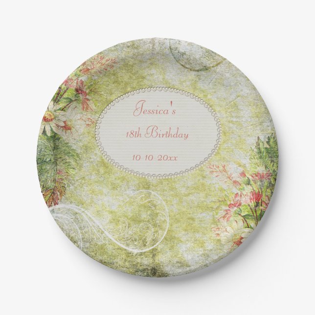 Shabby Chic Sweet 18th Birthday & Wildflowers Paper Plate (Front)