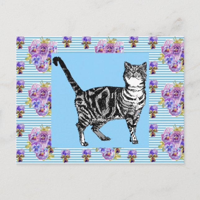 Shabby Chic Tabby Cat Pastel Stripe Art Postcard (Front)