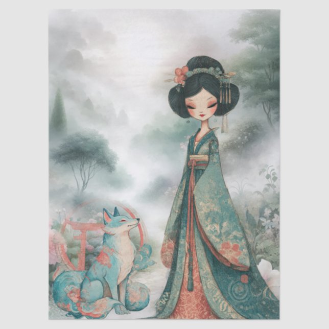 Shabby Chic Teal Floral Geisha Craft  Tissue Paper (Front)