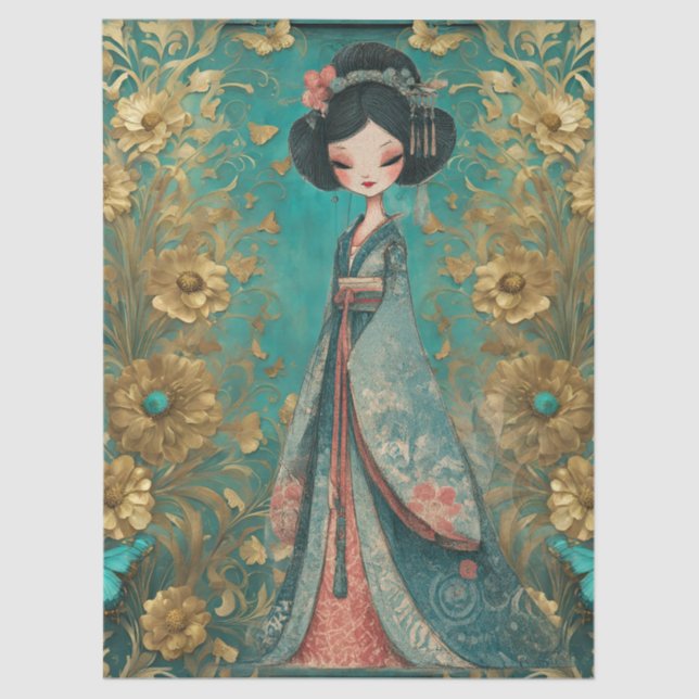 Shabby Chic Teal Floral Geisha Craft  Tissue Paper (Front)