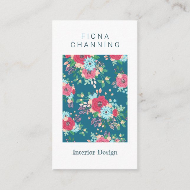 Shabby Chic Teal & Pink Rose Pattern Business Card (Front)