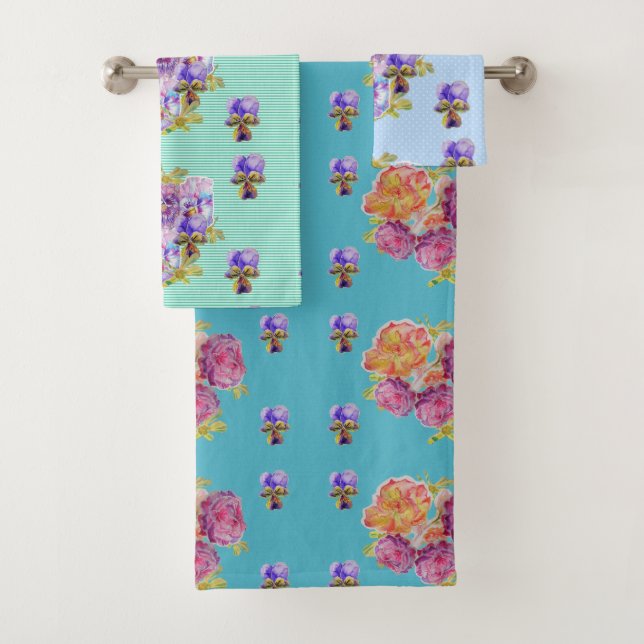 Shabby Chic Teal Roses Floral flowers Towel Set (Insitu)