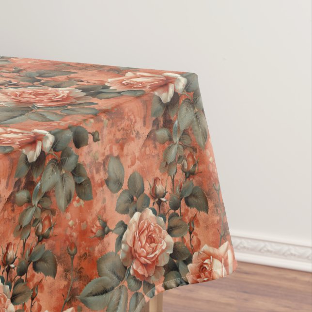 Shabby chic terracotta copper sage vintage roses tablecloth (In Situ)