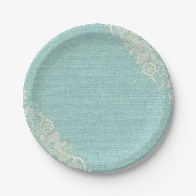 Shabby Chic Tiffany Teal Blue Lace Paper Plate (Front)