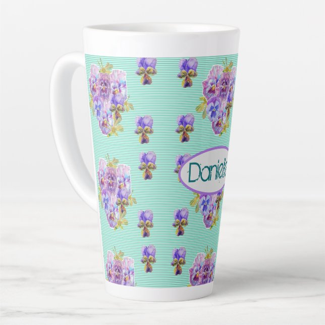 Shabby Chic Turquoise Aqua Pansy floral Latte Latte Mug (Left Angle)