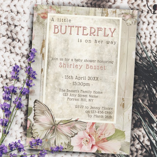 Shabby chic vintage butterfly girl baby shower invitation (Creator Uploaded)