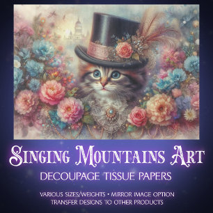 Shabby Chic Vintage Cat and Flowers Decoupage Tissue Paper