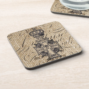 Shabby chic vintage crown burlap religious cross coaster