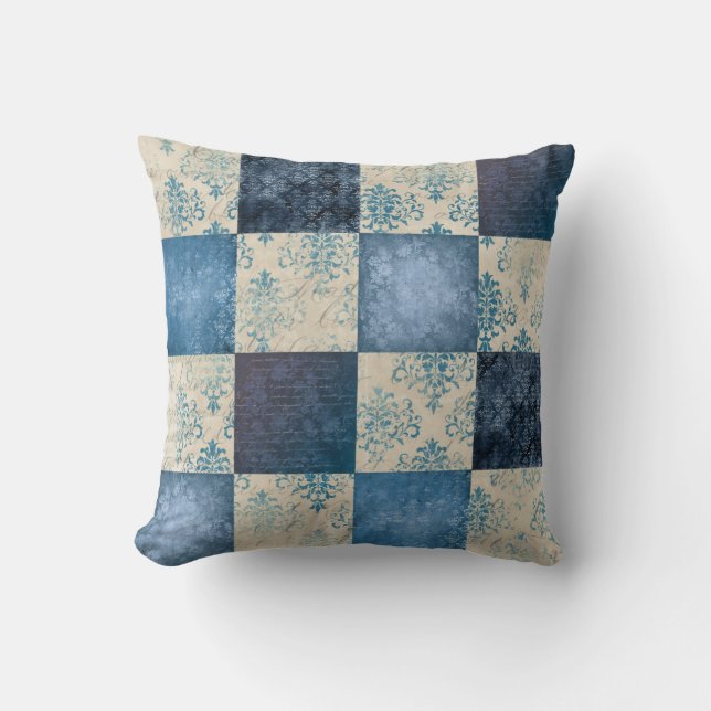 Shabby Chic Vintage Faux Patchwork Blue Cushion (Front)