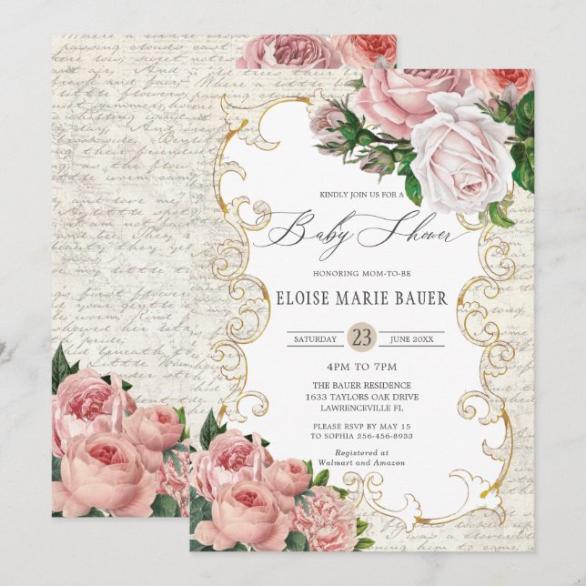 Shabby Chic Vintage French Roses Baby Shower Invitation (Front/Back)