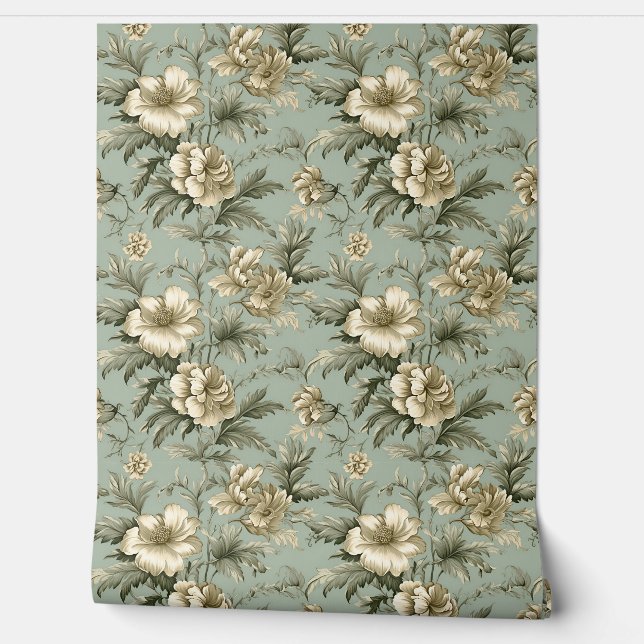 Shabby chic vintage gold flowers dusty greenery wallpaper (Unrolling)