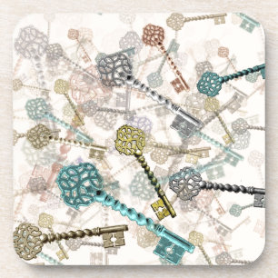 Shabby chic vintage keys print, subtle, pale shade coaster