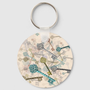 Shabby chic vintage keys print, subtle, pale shade key ring