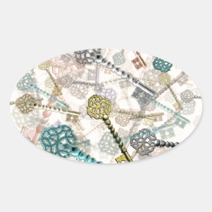 Shabby chic vintage keys print, subtle, pale shade oval sticker