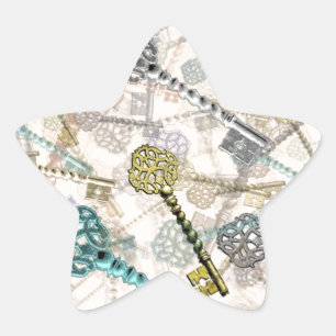 Shabby chic vintage keys print, subtle, pale shade star sticker