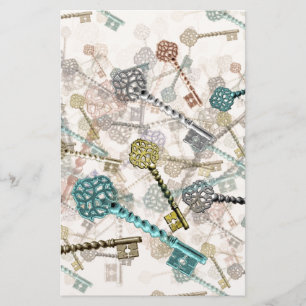 Shabby chic vintage keys print, subtle, pale shade stationery