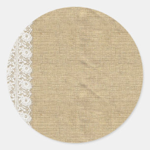Shabby Chic Vintage Lace & Rustic Natural Burlap Classic Round Sticker