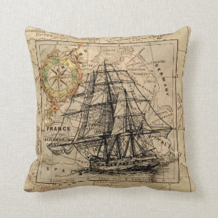 Shabby Chic Vintage Map Ship Nautical Cushion
