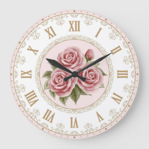 Shabby Chic Vintage Peach Pink Gold Rose Flowers Large Clock