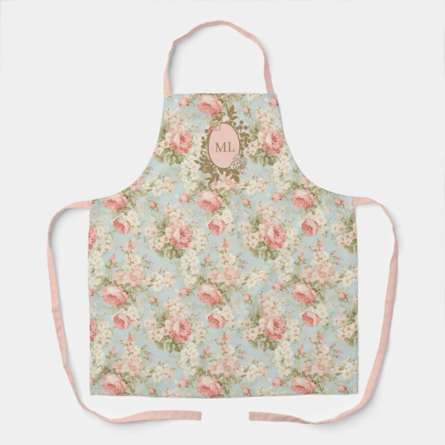 Shabby Chic Vintage Pink Roses Floral Monogram Apron (Front)