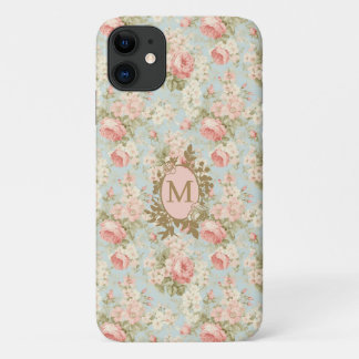 Shabby Chic Vintage Pink Roses Floral Monogram iPhone 11 Case