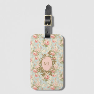 Shabby Chic Vintage Pink Roses Floral Monogram Luggage Tag