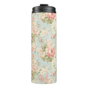 Shabby Chic Vintage Pink Roses Floral Monogram Thermal Tumbler