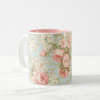 Shabby Chic Vintage Pink Roses Floral Monogram Two-Tone Coffee Mug