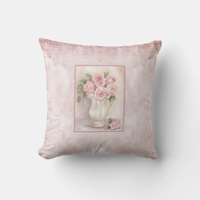 Shabby Chic Vintage Pink Roses in Vase Cushion (Front)
