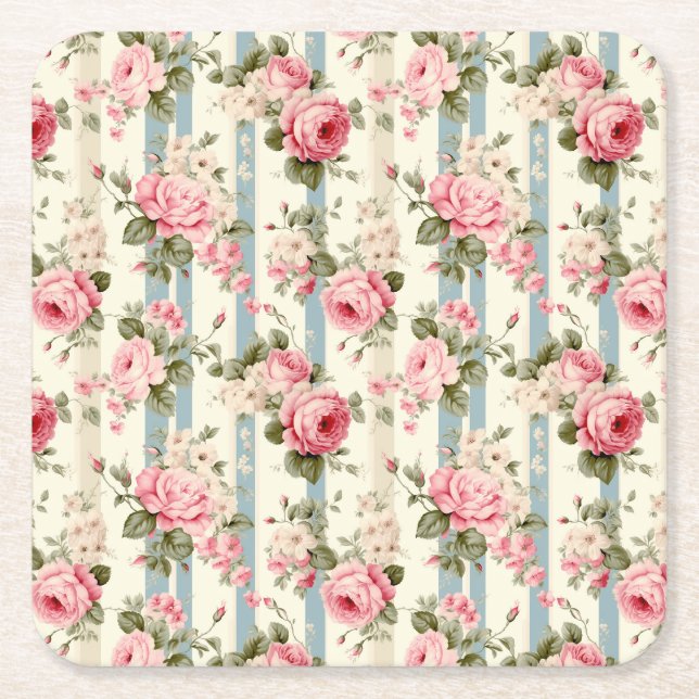Shabby Chic Vintage Roses Square Paper Coaster (Front)
