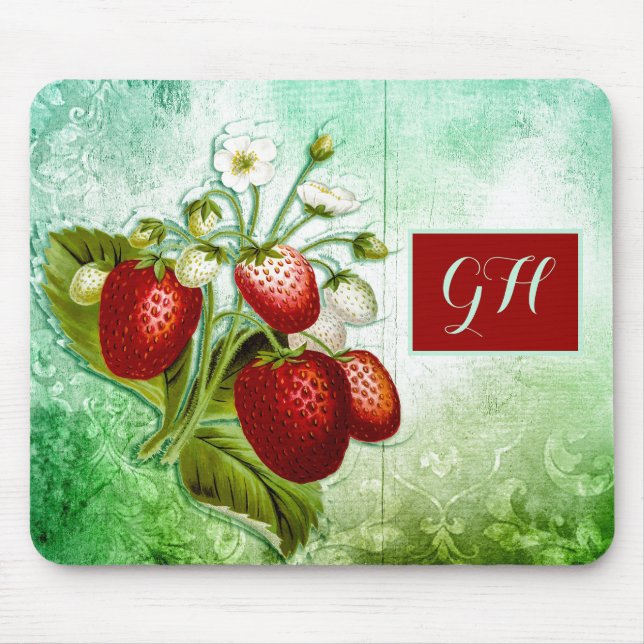 Shabby Chic Vintage Strawberries Monogram Mouse Mat (Front)