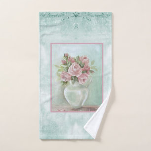 Shabby Chic Vintage Victorian Pink Roses on Teal Hand Towel