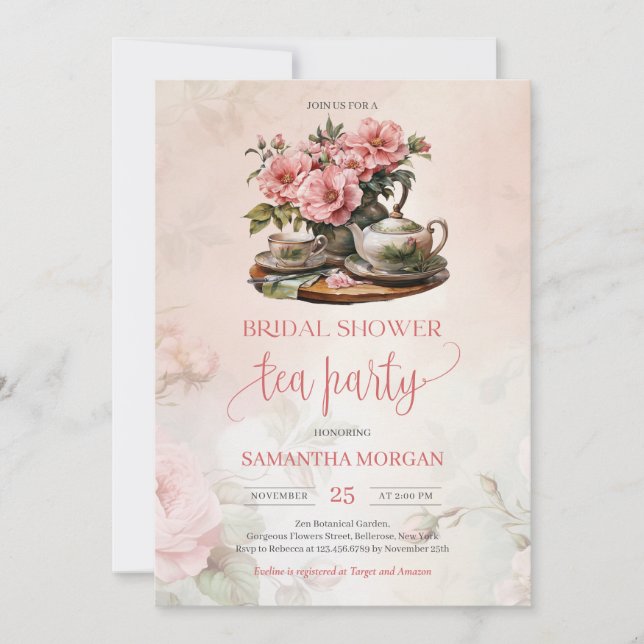 Shabby Chic watercolor blush pink roses tea party Invitation (Front)