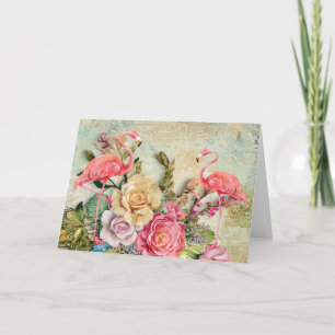 Shabby Chic Watercolor Floral Flamingo Card