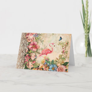 Shabby Chic Watercolor Floral Flamingo Card