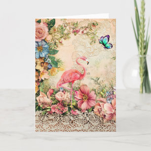 Shabby Chic Watercolor Floral Flamingo Card