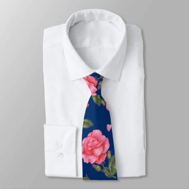 Shabby Chic Watercolor Pink Rose Floral Pattern Tie (Tied)