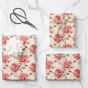 Shabby Chic watercolor red French roses greenery Wrapping Paper Sheet