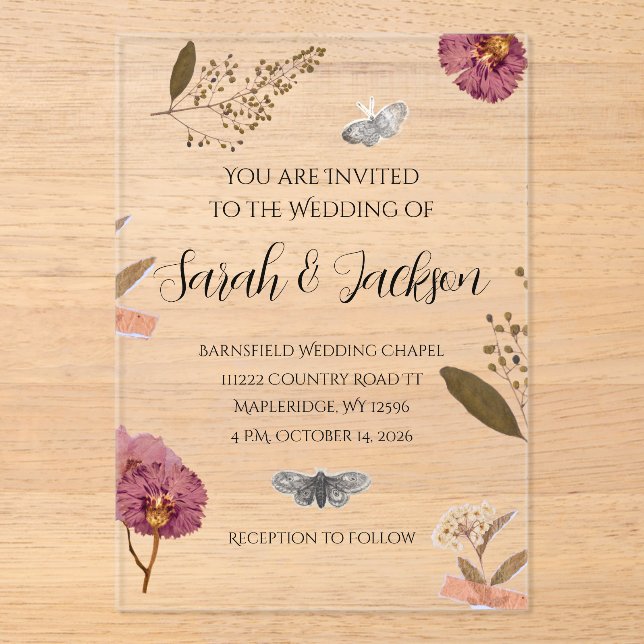 Shabby Chic Wedding Pressed Flowers Wedding Invite Acrylic Invitations (Front)