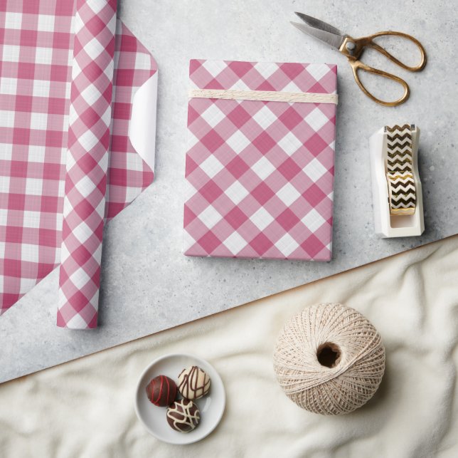 Shabby Chic White Dark Pink Gingham Wrapping Paper (Crafts)