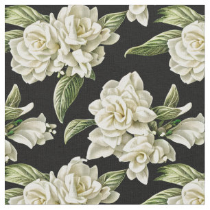 Shabby Chic - White Gardenias on a dark background Fabric