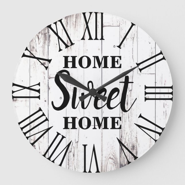 Shabby Chic White Wood Rustic Country Home Sweet Large Clock (Front)