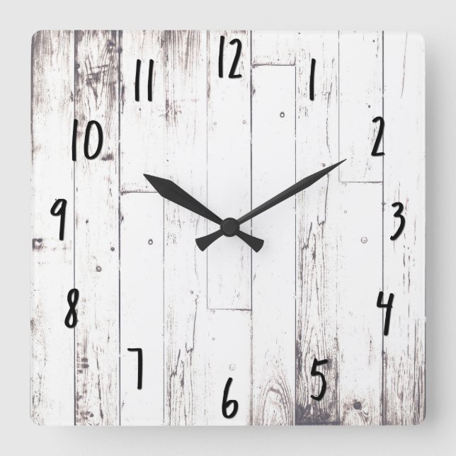 Shabby Chic White Wood Rustic Farmhouse Barn Square Wall Clock (Front)
